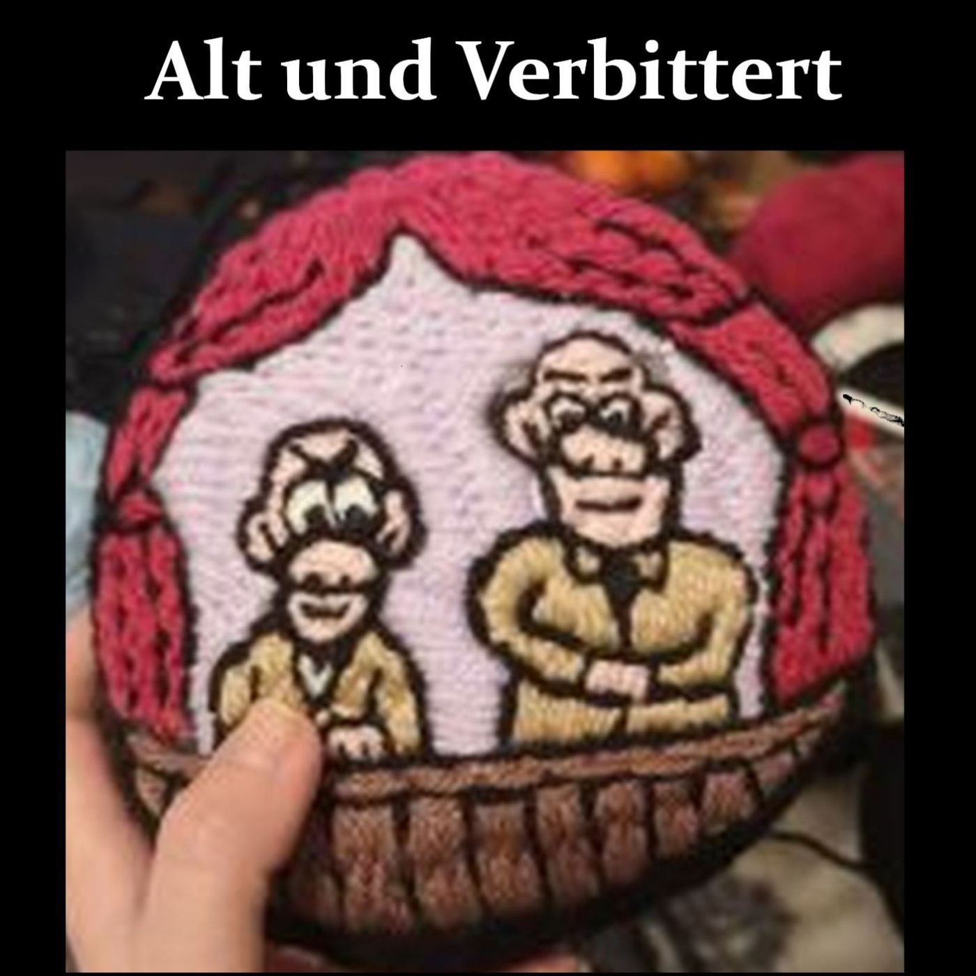 Cover "Alt und Verbittert" Schriftzug, darunter eine Abbildung der Sockenpuppen-Egos von Flo und Hendrian als Stickkissen.
