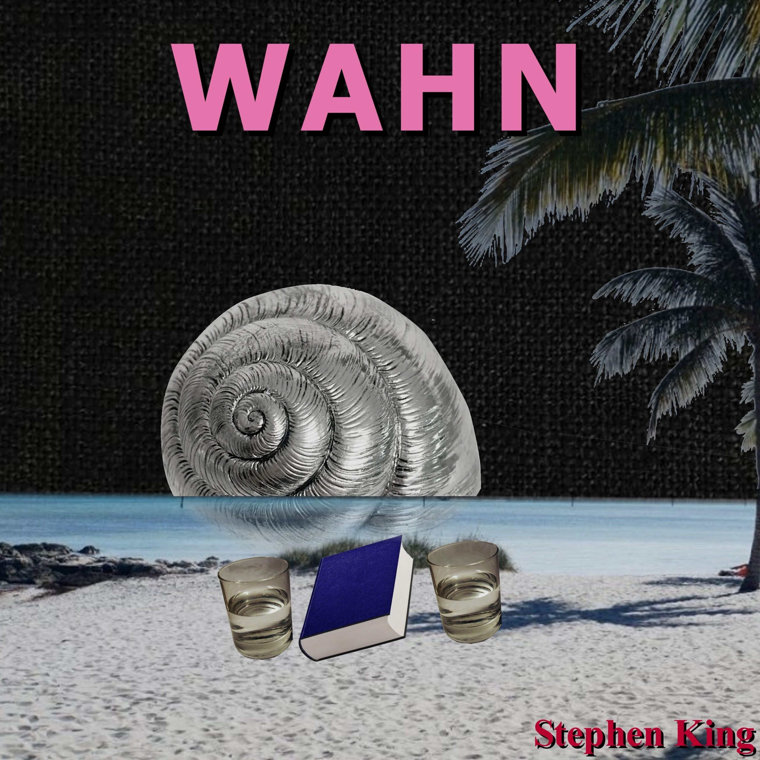 Coverbild: Titel "Wahn" in Rosa vor einer Strandlandschaft mit einer überdimensionierten Muschel